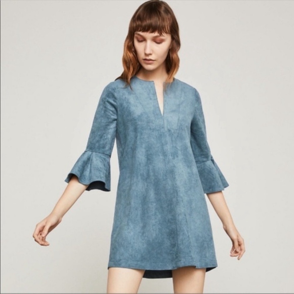 Bcbgmaxazria Blue Faux Suede Cartier Dress Ruffled Bell Sleeves
